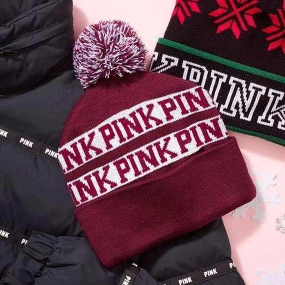Victoria's Secret PINK | Maroon And Cream Pom Pom Beanie | Size Adult - Picture 1 of 8